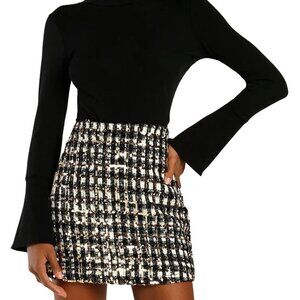 Lulus Black & Gold Sequin Plaid Mini Skirt M Side Zip Polyester Rayon